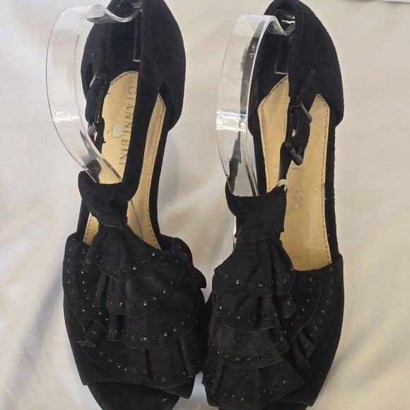 Gianni Bini Aimee Black Suede Women 9.5M Rhinestone Ruffle Top Open Toe Heels - Picture 6 of 9